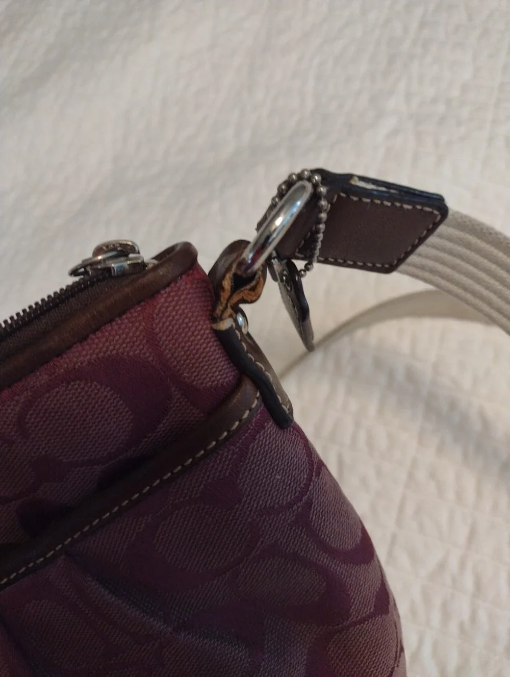 Coach Purple Signature Logo Crossbody Bag Zip Top Adjustable Strap Silver Brown